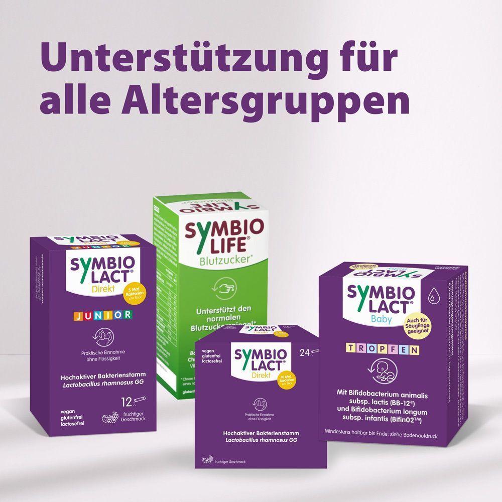 Verschiedene SymbioLact Produkte. Text: Unterstützung für alle Altersgruppen. Logo SymbioLact.