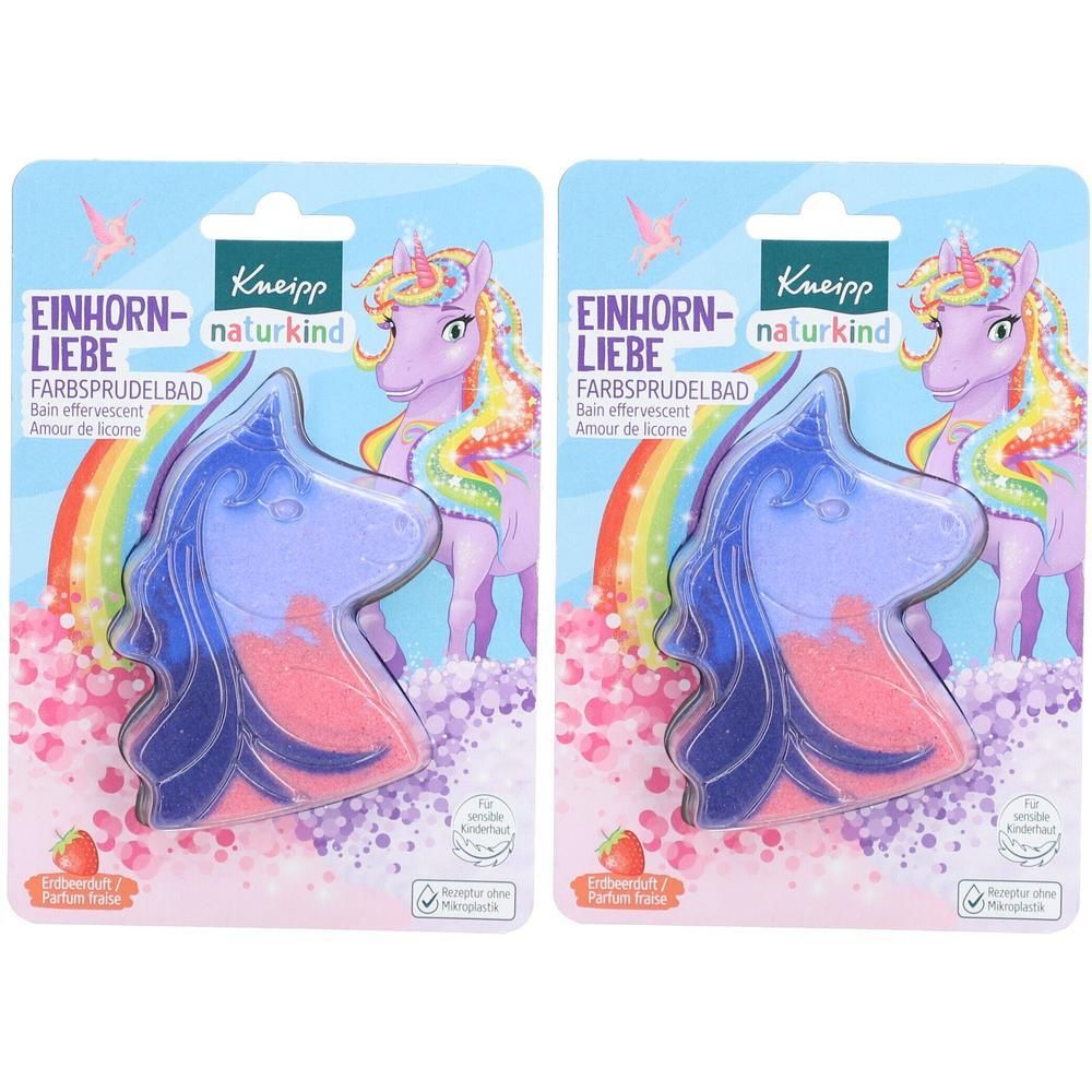 Zwei Packungen Farbsprudelbad in Einhornform. Aufschrift: Kneipp Naturkind, Einhornliebe, Farbsprudelbad. Erdbeerduft.