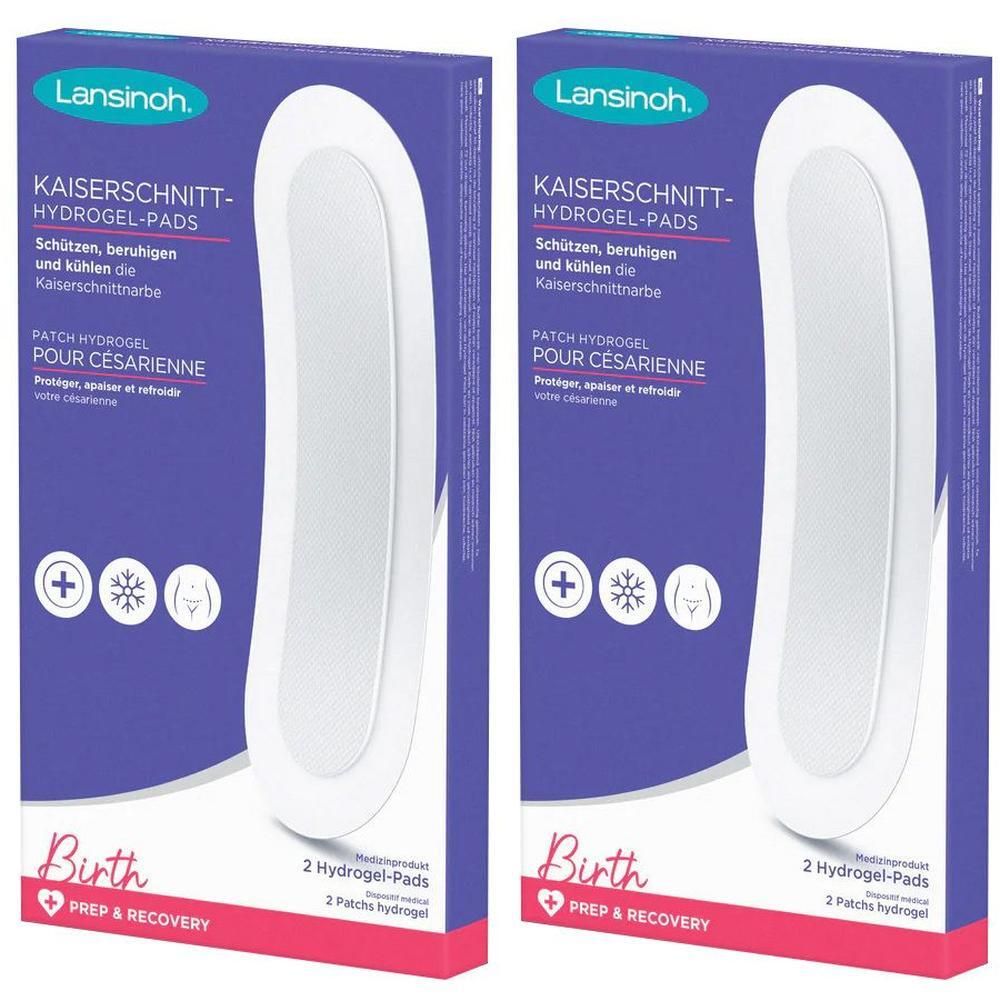 Zwei Packungen Lansinoh Kaiserschnitt-Hydrogel-Pads. Blaue Verpackung mit weißem Hydrogel-Pad-Umriss. Text: Kaiserschnitt-Hydrogel-Pads.