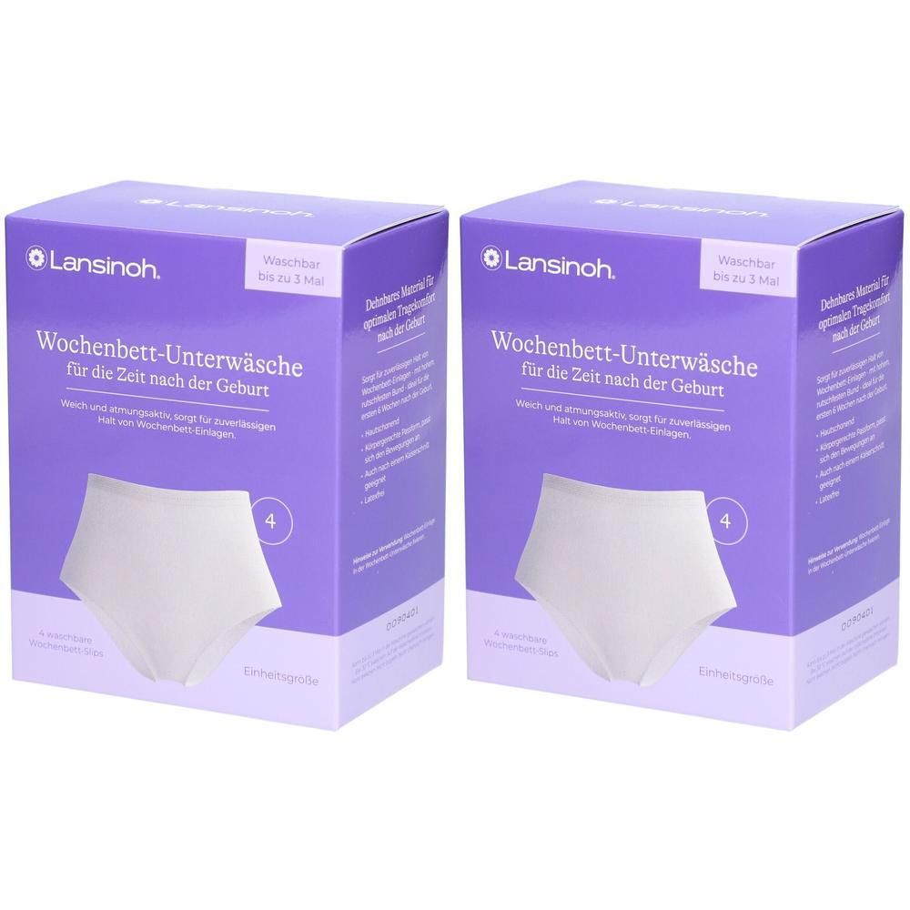 Zwei lilafarbene Kartons mit weißer Wochenbett-Unterwäsche. Aufdruck: Lansinoh, Wochenbett-Unterwäsche für die Zeit nach der Geburt. Auf jeder Packung ist eine weiße Unterhose abgebildet.