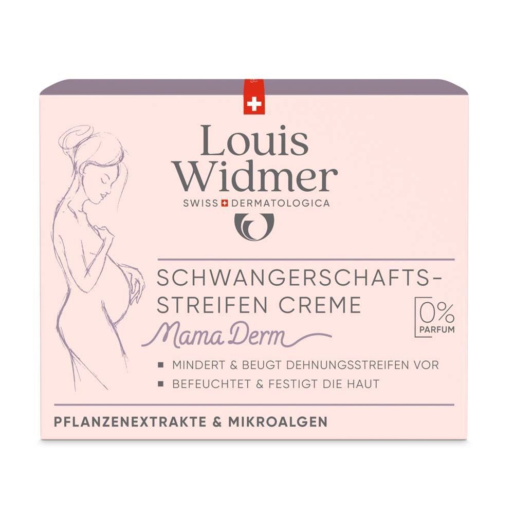 Rosa Verpackung mit Produktinformationen. Aufschrift: Louis Widmer, Mama Derm Schwangerschafts-Streifen Creme, 0% Parfum.