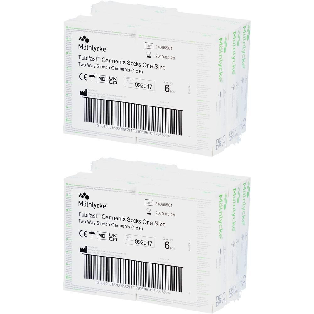 Zwei Packungen Tubifast Garments Socken. Aufschrift: One Size, Two Way Stretch Garments. Mit CE-Kennzeichnung und Barcode.