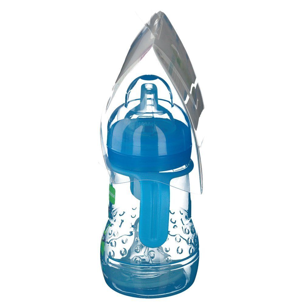 Blaue MAM Trainer+ Babyflasche in transparenter Verpackung. Seitliche Ansicht.