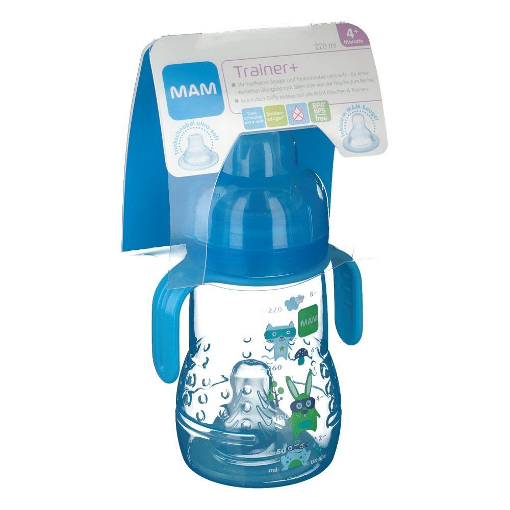 Blaue MAM Trainer+ Babyflasche mit Griffen und Deckel. Verpackung mit Produktinformationen.
