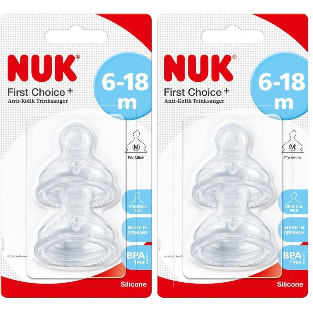 Zwei transparente Silikon-Trinksauger in Verpackung. Aufdrucke: NUK, First Choice+, 6-18 m, BPA-frei, Made in Germany.