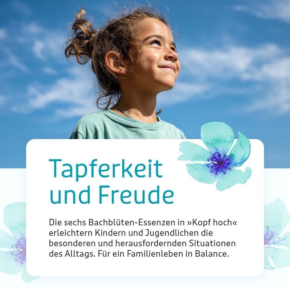 Ein Mädchen blickt nach oben. Text: Tapferkeit und Freude. Text unterhalb: Die sechs Bachblüten-Essenzen in «Kopf hoch»...