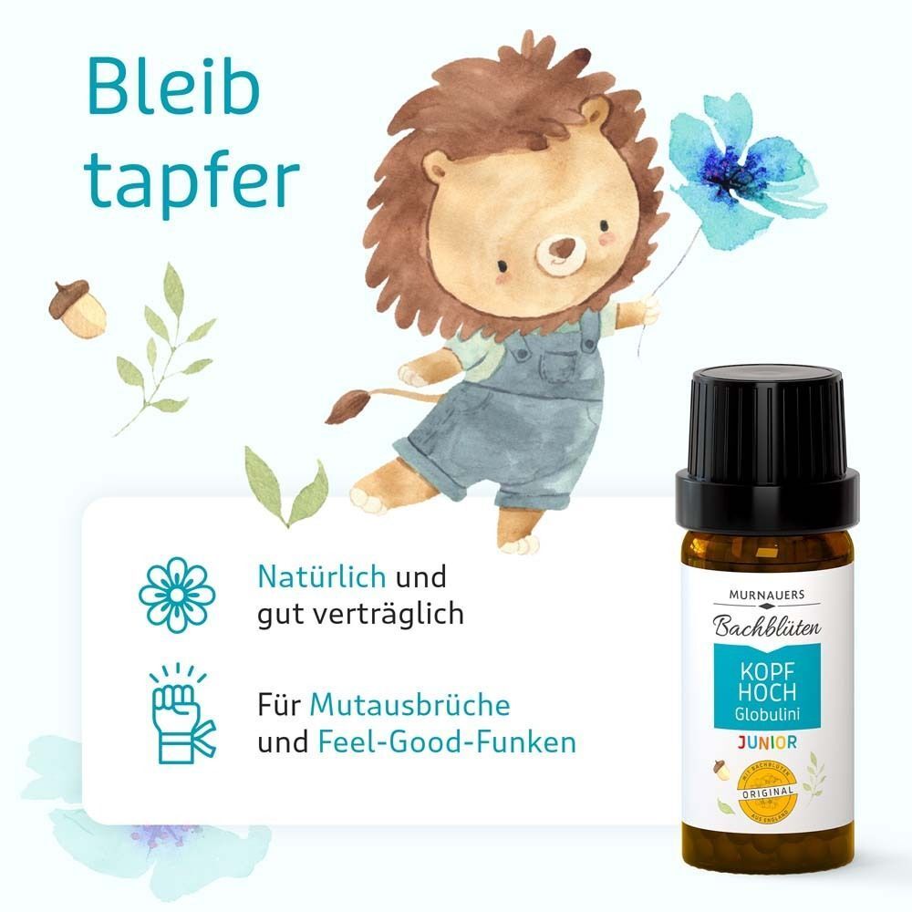 Eine Flasche mit schwarzem Deckel und weißem Etikett. Aufschrift: Kopf hoch Globulini Junior. Illustration: Löwe.