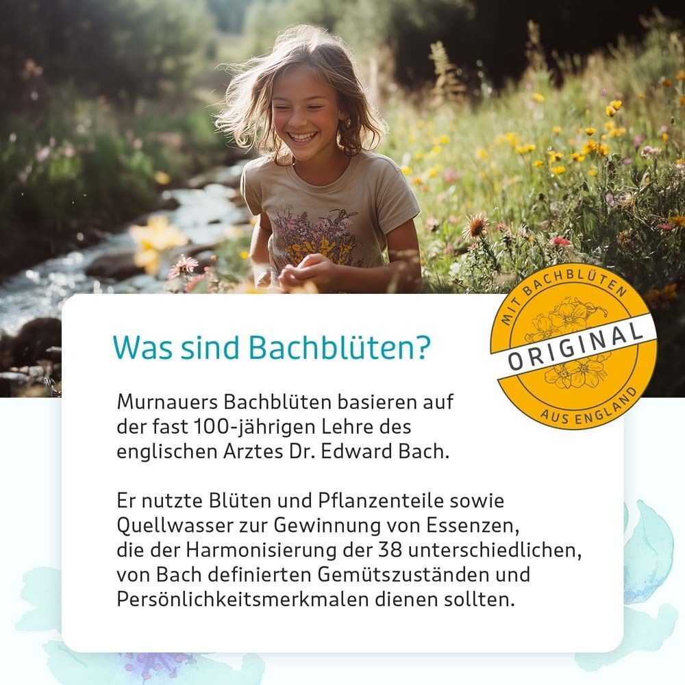 Text: Was sind Bachblüten? Text unterhalb: Murnauers Bachblüten basieren auf der fast 100-jährigen Lehre...