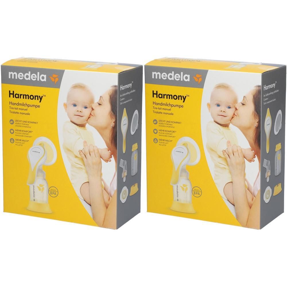 Zwei Kartons der MEDELA Harmony Handmilchpumpe. Gelb-weißes Design mit Baby und Mutter. Aufschrift: Harmony, Handmilchpumpe.