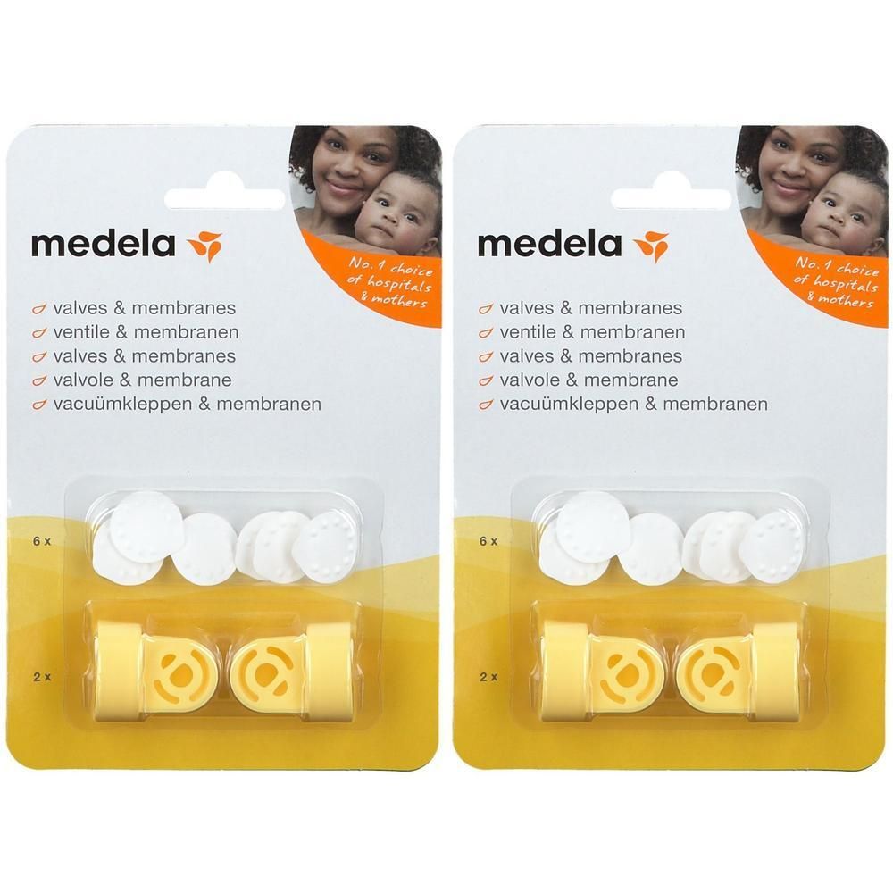 Zwei Packungen mit Medela Ventilkopf Membran Multi-Set. Jede Packung enthält gelbe Ventile und weiße Membranen. Verpackung mit Logo und Text.