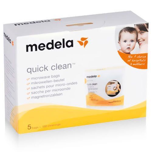 Medela Quick Clean Verpackung. Weiße Schachtel mit gelben Akzenten. Text: Quick Clean, Medela Logo, 5 Beutel, 100 Reinigungen.
