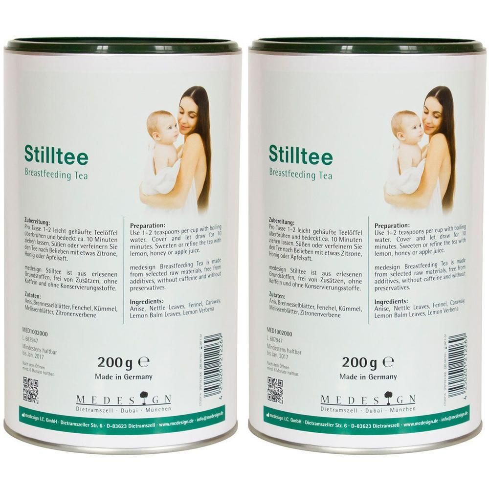 Zwei Dosen Stilltee. Aufschrift: Stilltee Breastfeeding Tea. Abbildung einer Mutter mit Baby. 200g. Hergestellt in Deutschland.