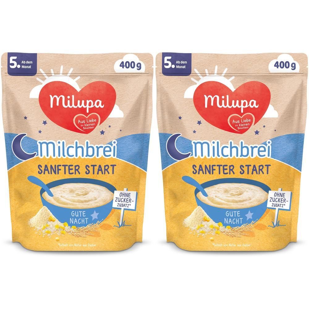 Zwei Packungen Milupa Gute Nacht Milchbrei Sanfter Start, je 400g.