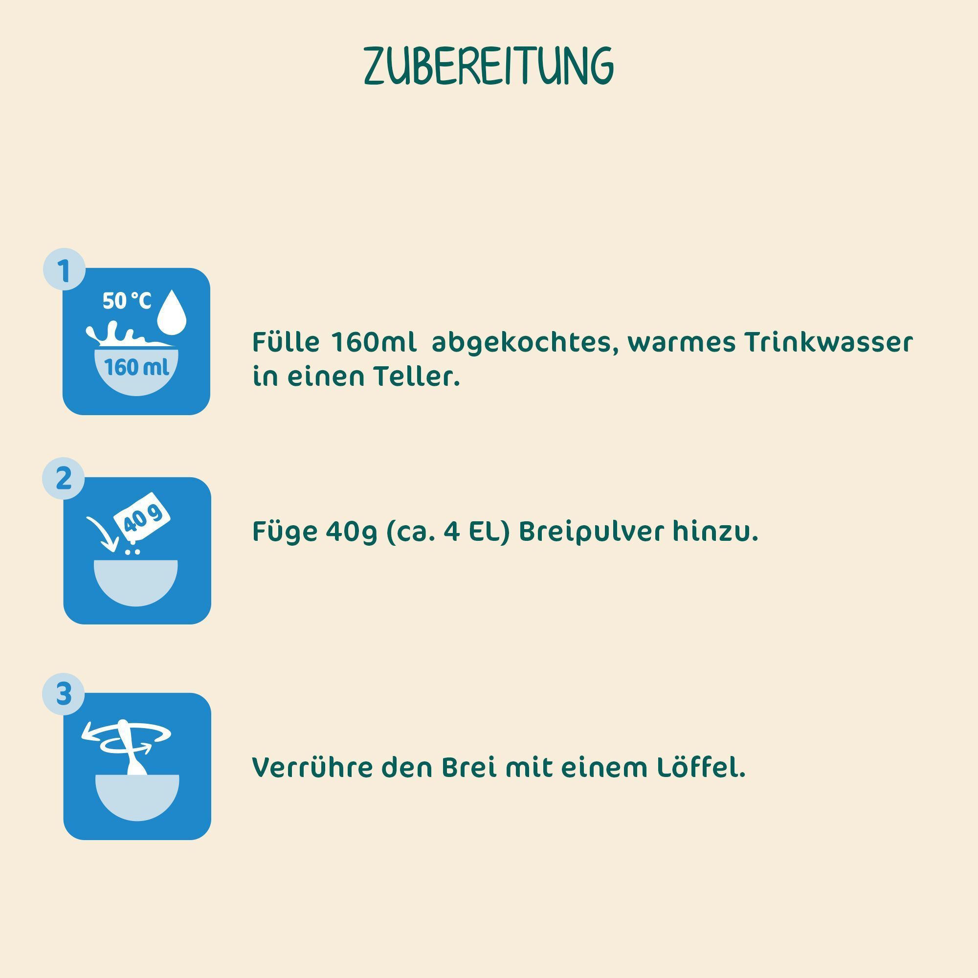 Anleitung zur Zubereitung von Milupa Milchbrei in drei Schritten.