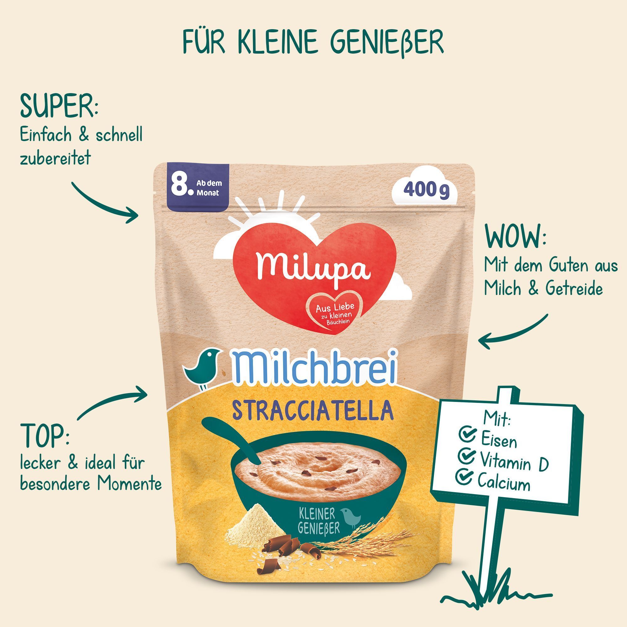 Milupa Milchbrei Stracciatella 400g pak met productinformatie.