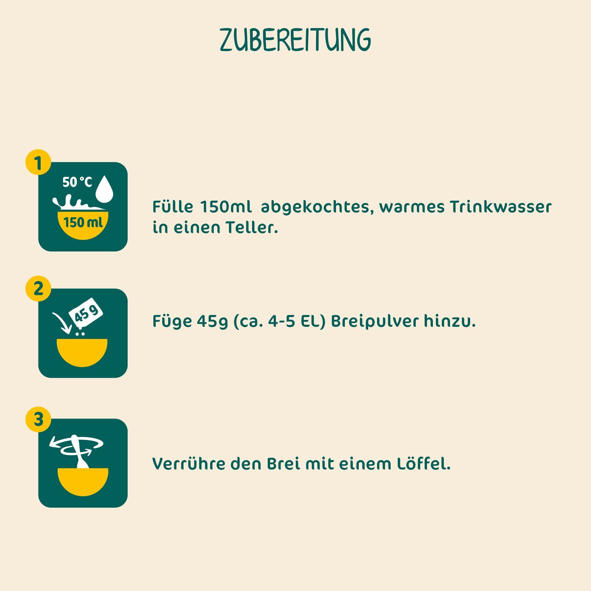 Bereidingsinstructies voor Milupa Milchbrei Stracciatella in drie stappen.