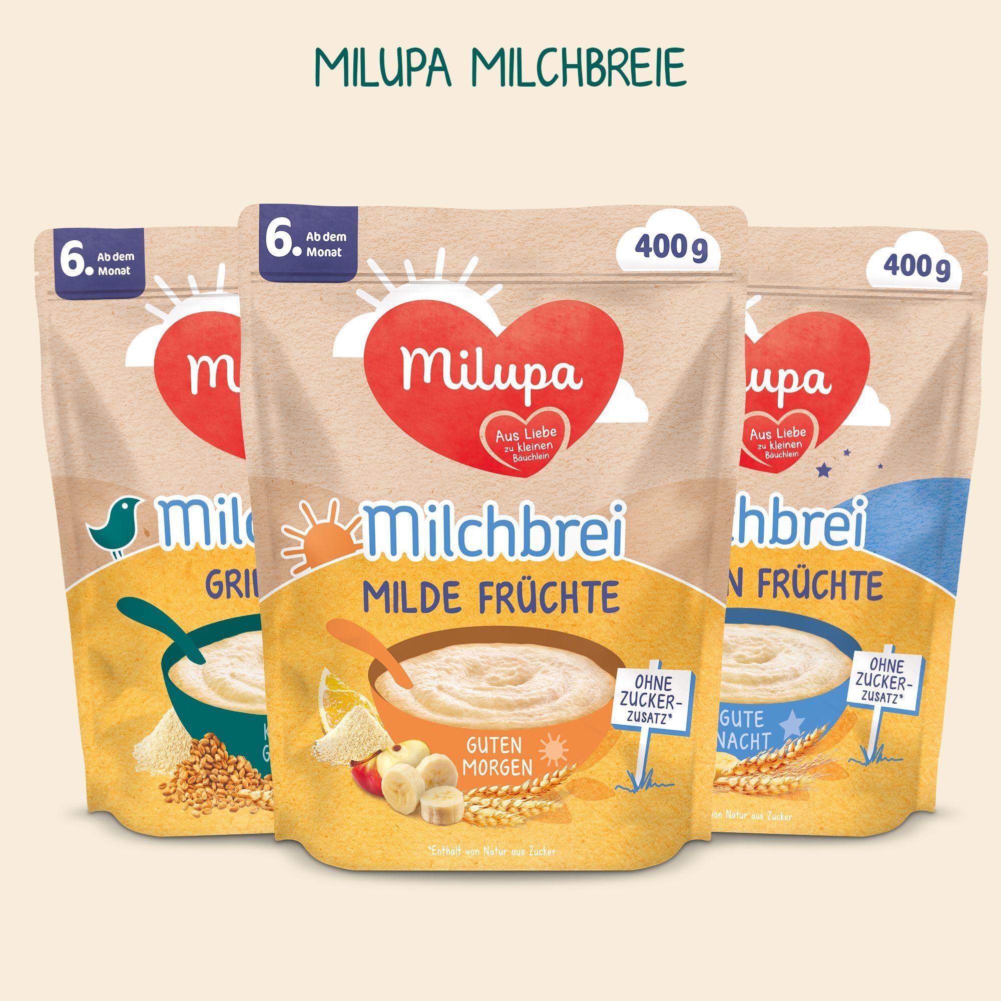 Drei Packungen Milupa Milchbrei: Stracciatella, Milde Früchte, Gute Nacht.