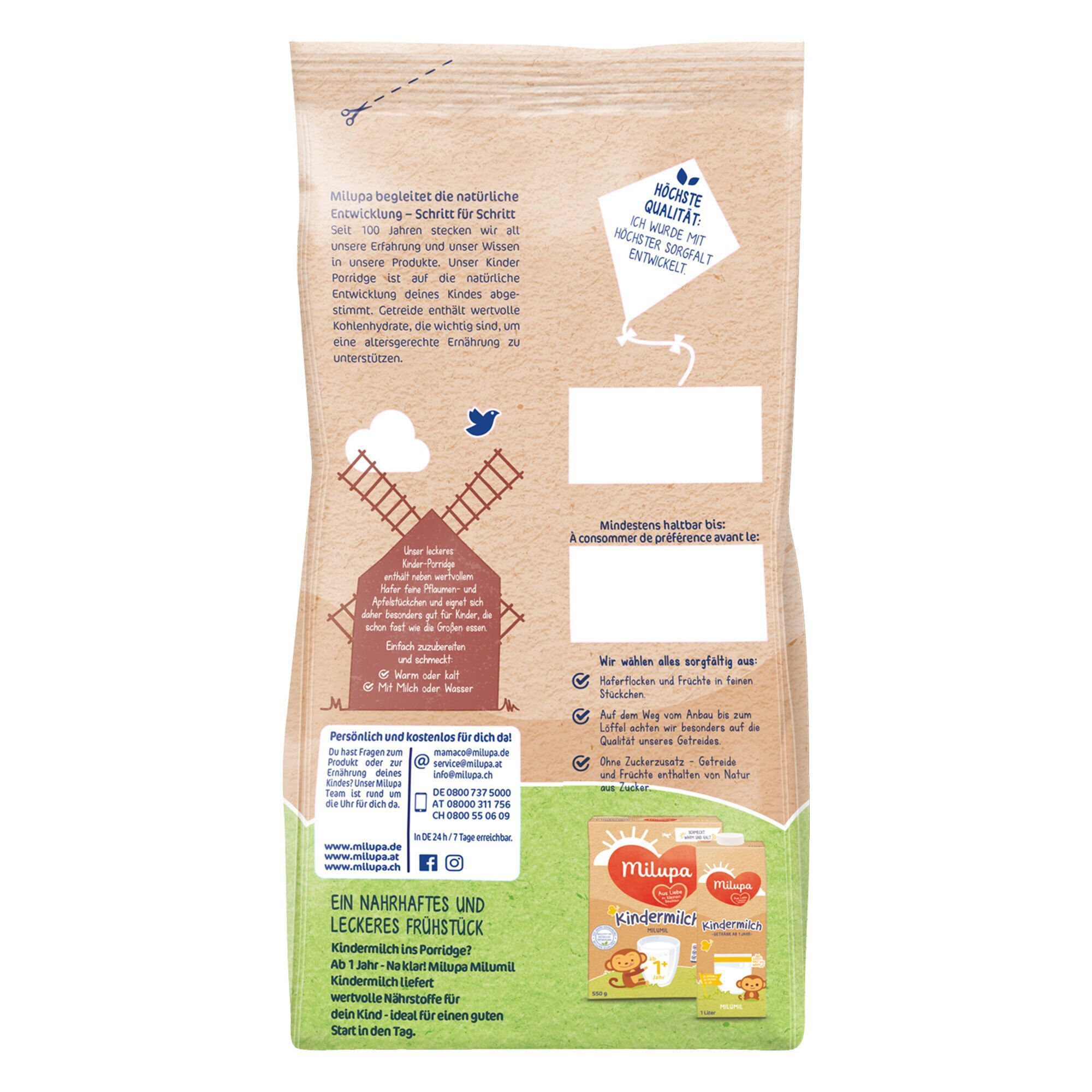 Rückseite einer Milupa Kinder Porridge Hafer & Früchte Packung mit Informationen und Illustrationen.