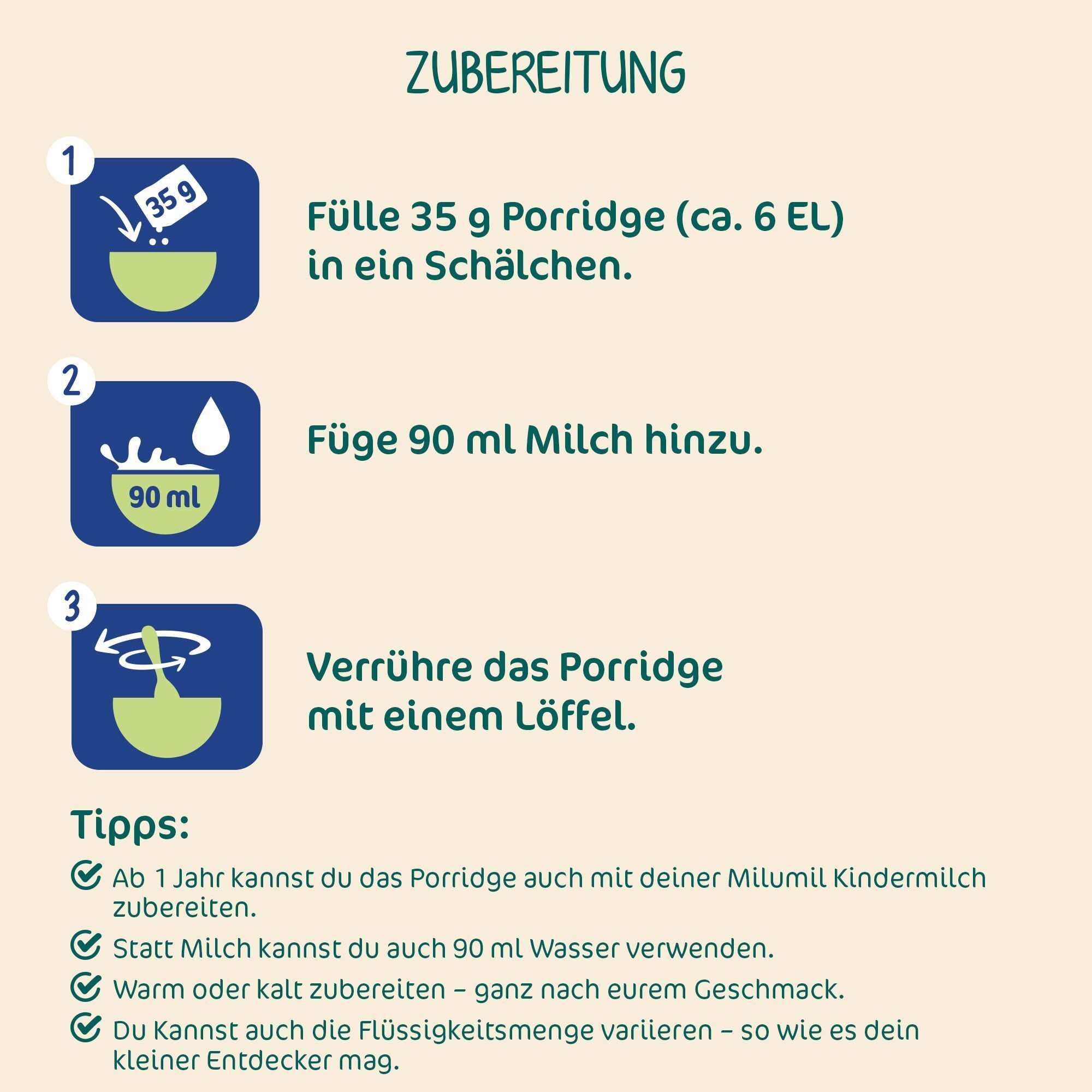 Zubereitungsschritte für Milupa Kinder Porridge Hafer & Früchte.
