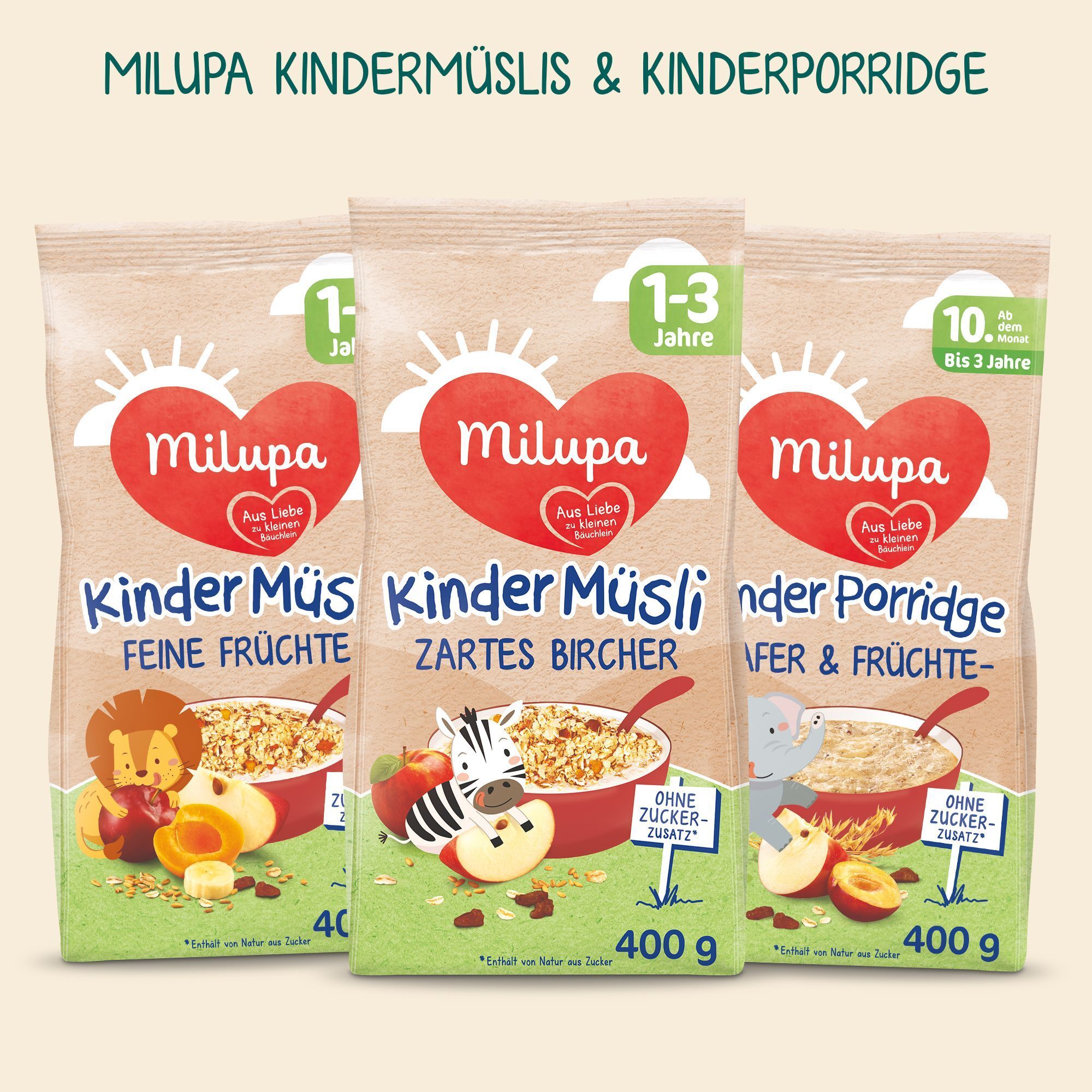 Drei Packungen Milupa Kinder Müsli und Kinder Porridge nebeneinander.