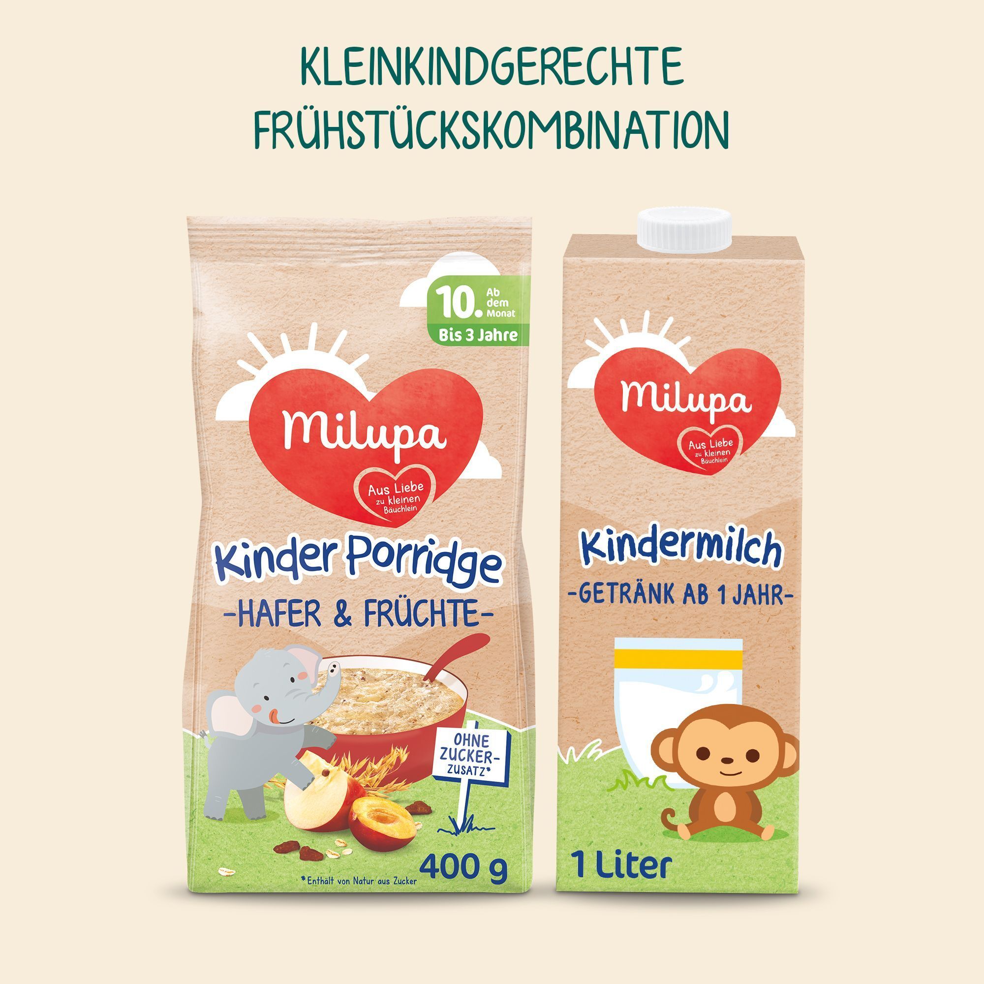 Milupa Kinder Porridge Hafer & Früchte (400g) und Milupa Kindermilch (1 Liter).