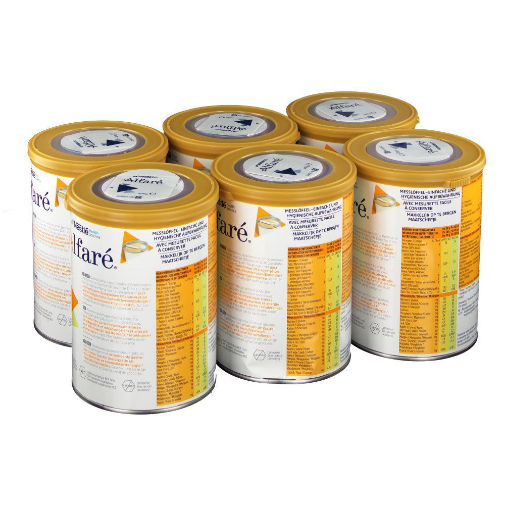 Sechs Dosen Nestlé Alfaré®. Goldfarbener Deckel, gelb-oranges Dreieck. Aufschrift Alfaré®. Dose mit Produktinformationen.