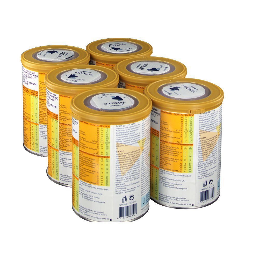 Sechs Dosen Nestlé Alfaré®. Goldfarbener Deckel, gelb-oranges Dreieck. Aufschrift Alfaré®. Dose mit Produktinformationen.