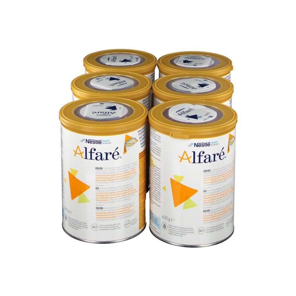 Sechs Dosen Nestlé Alfaré®. Goldfarbener Deckel, gelb-oranges Dreieck. Aufschrift Alfaré®. Dose mit Produktinformationen.