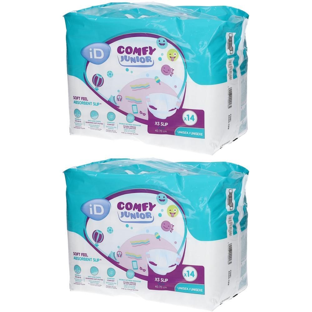 Zwei Packungen iD Comfy Junior Slip XS. Verpackung in Blau und Weiß mit Produktabbildung und Text. Enthält 14 Stück.