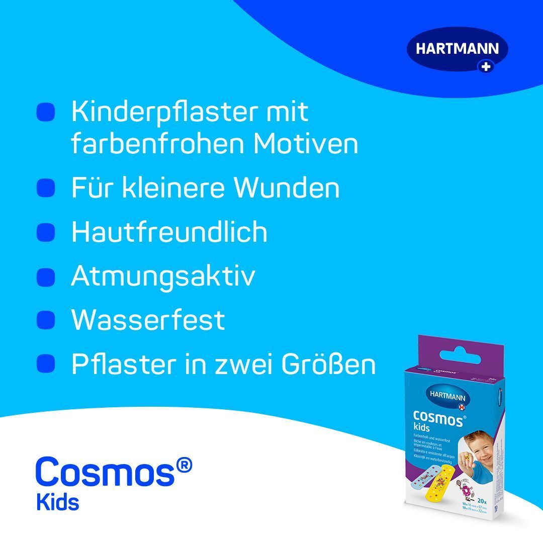 Blauer Hintergrund mit Produktnamen und Eigenschaften: kinderfreundlich, atmungsaktiv, wasserfest. Kleine Packung HARTMANN cosmos® kids.