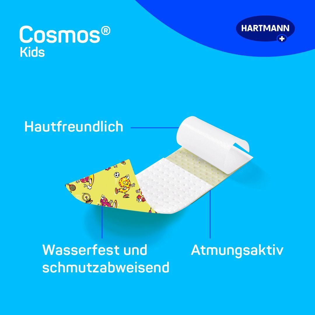 Pflaster mit gelbem, bedrucktem Teil und weißem, klebenden Teil. Eigenschaften: wasserfest, atmungsaktiv, hautverträglich.
