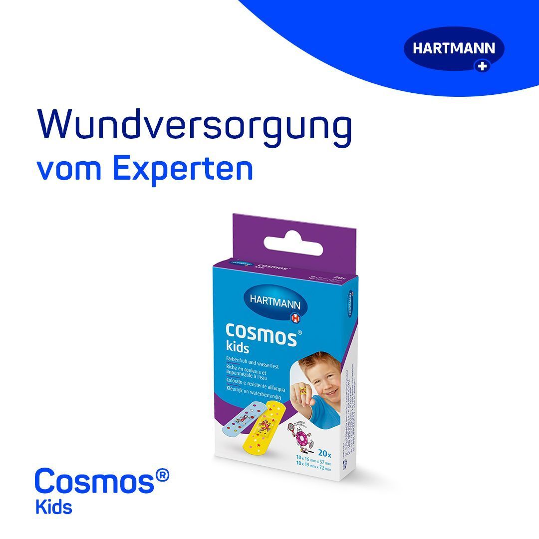 Packung HARTMANN cosmos® kids Pflaster. Blaue Schachtel mit Produktnamen und Kind-Illustration. Text: Wundversorgung vom Experten.