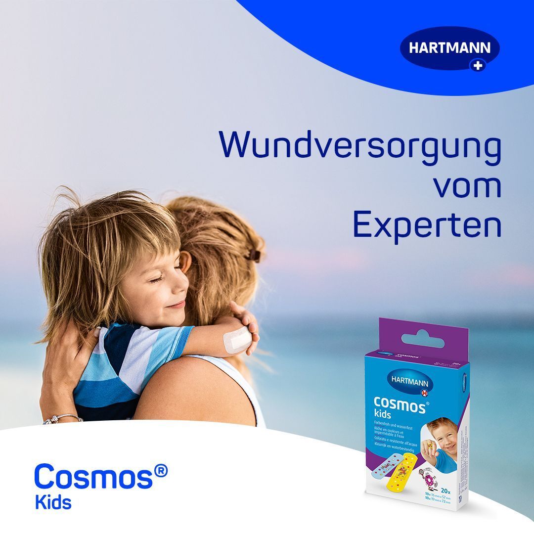 Kind umarmt eine Person mit Pflaster. Packung HARTMANN cosmos® kids Pflaster. Text: Wundversorgung vom Experten.