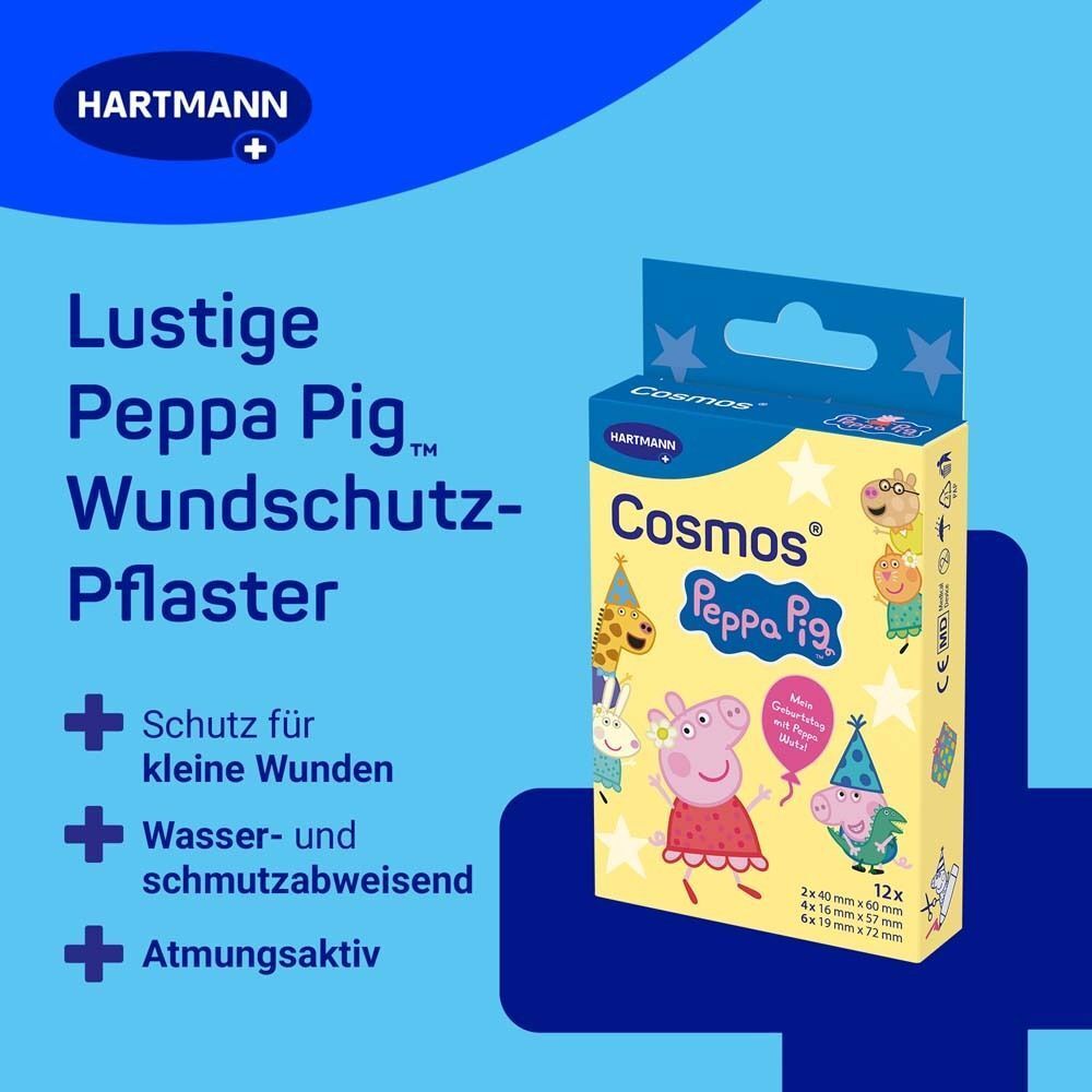 Werbung für HARTMANN Cosmos Peppa Pig Pflaster. Text und Produktabbildung.