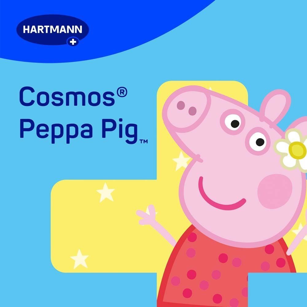 Cosmos Peppa Pig Logo auf blauem Hintergrund. Rosa Schwein mit Blume.