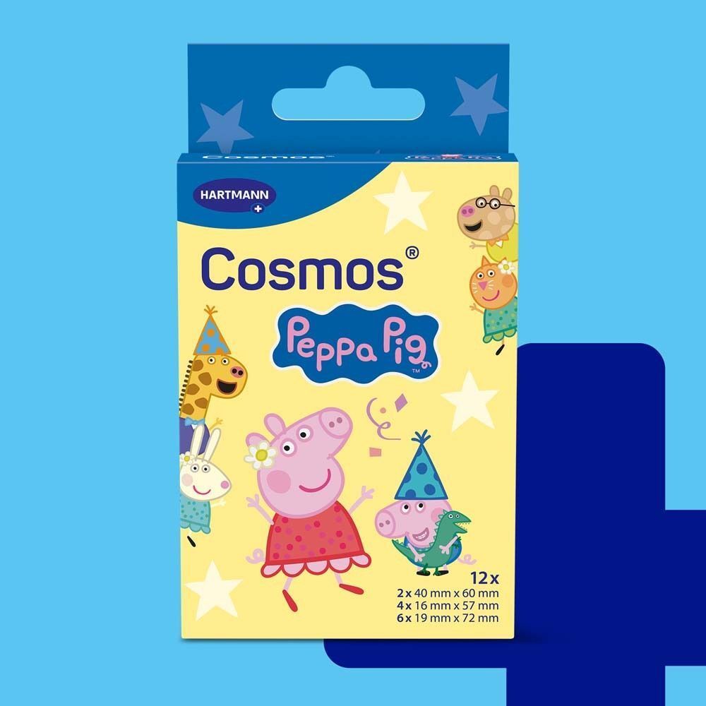 Packung HARTMANN Cosmos Peppa Pig Pflaster. Gelber Hintergrund mit Peppa Pig Figuren.