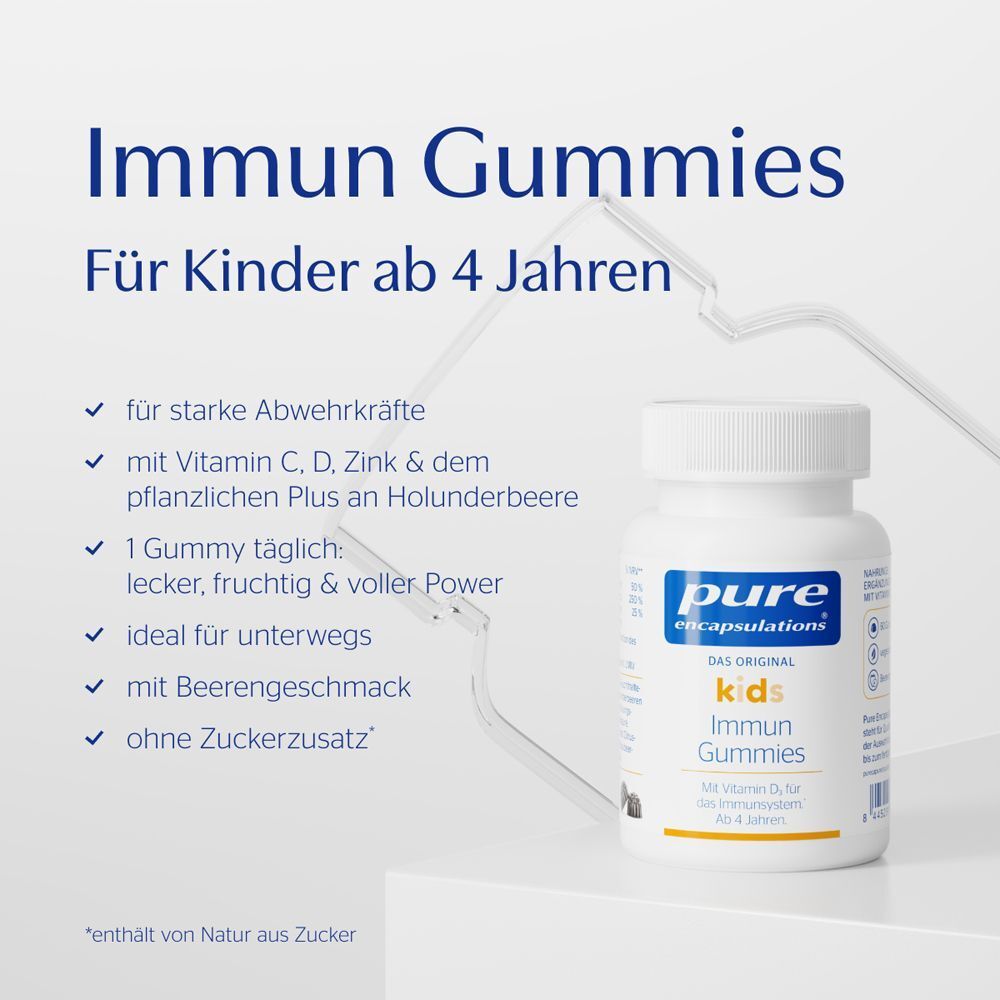 Eine weiße Flasche mit blauen Etikett. Aufschrift: pure encapsulations® kids Immun Gummies. Text: Für Kinder ab 4 Jahren. Vorteile: starke Abwehrkräfte.