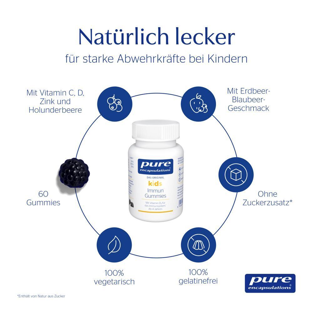 Eine weiße Flasche mit blauen Etikett. Aufschrift: pure encapsulations® kids Immun Gummies. Text: 60 Gummies, vegetarisch, gelatinefrei. Logo.