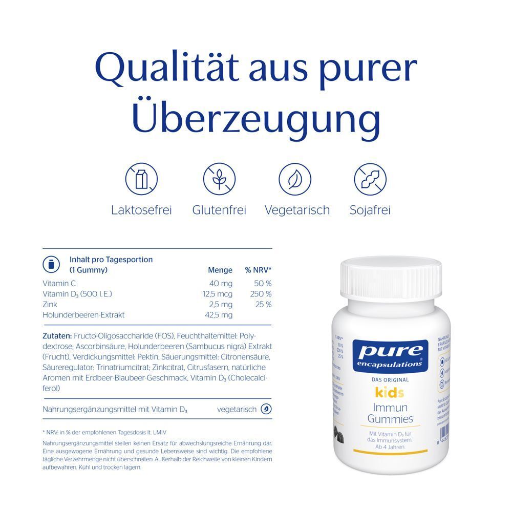 Eine weiße Flasche mit blauen Etikett. Aufschrift: pure encapsulations® kids Immun Gummies. Text: Inhaltsstoffe, Nährwertangaben. Logo.