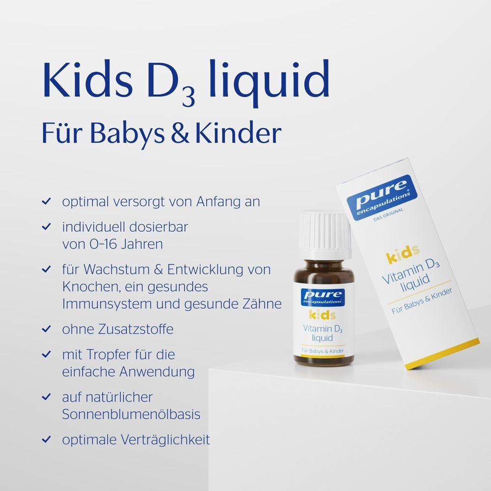 Eine Flasche Kids Vitamin D3 liquid und Verpackung. Text: Kids D3 liquid, Für Babys & Kinder. Auflistung von Vorteilen.
