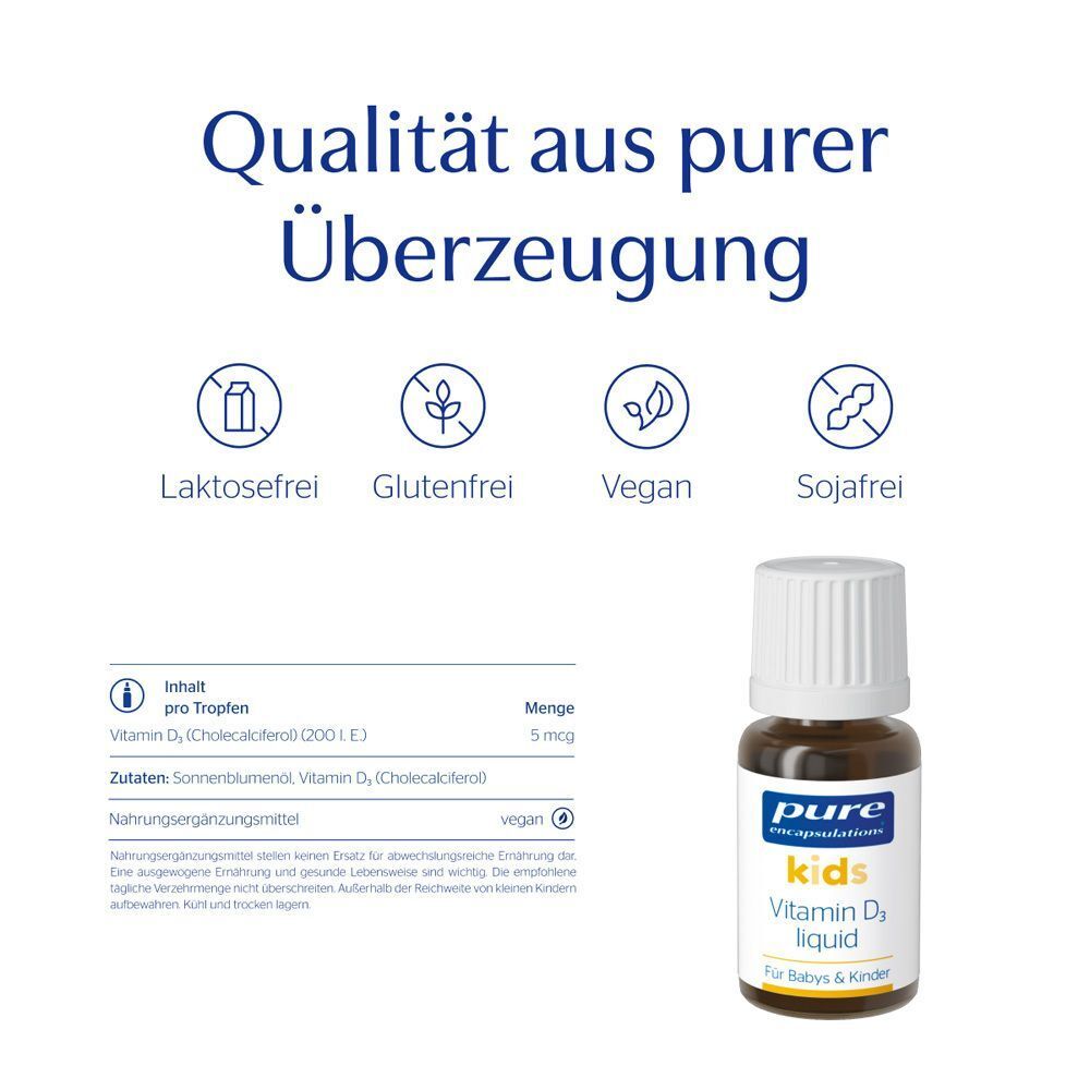 Flasche Kids Vitamin D3 liquid. Text: Laktosefrei, Glutenfrei, Vegan, Sojafrei. Inhaltsangaben.