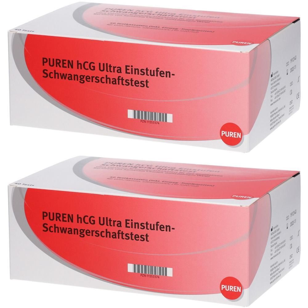Zwei Schachteln mit roter und weißer Aufschrift. Aufschrift: PUREN hGC Ultra Einstufen-Schwangerschaftstest. Marke PUREN.