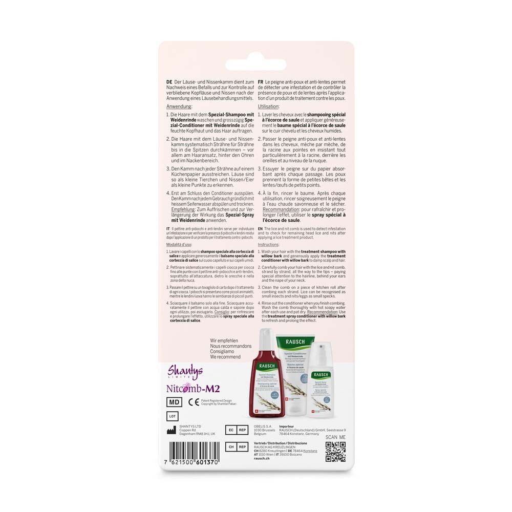 Rückseite der Verpackung mit Text in Deutsch, Französisch und Englisch. Abbildungen von Produkten. Marke: RAUSCH, Swiss Herbal Cosmetics.