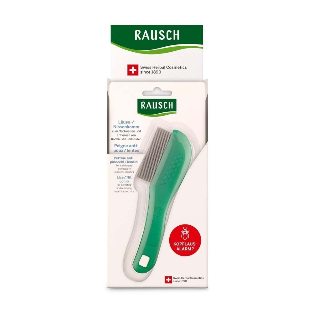 Grüner Läusekamm in Verpackung. Metallzinken, grüner Griff. Text: RAUSCH, Kopflaus-Alarm?, Swiss Herbal Cosmetics.