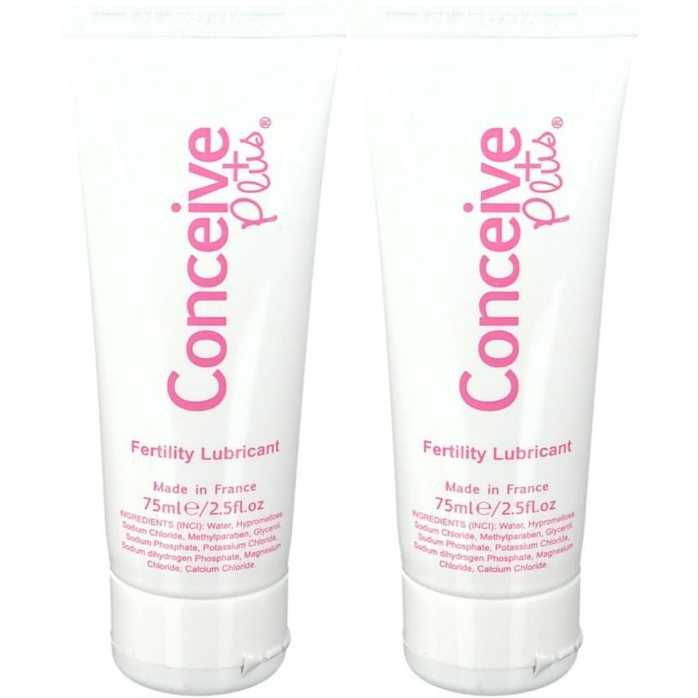 Zwei Tuben mit weißem Hintergrund. Aufschrift: Conceive Pets, Fertility Lubricant, 75ml/2.5fl.oz. Hergestellt in Frankreich.