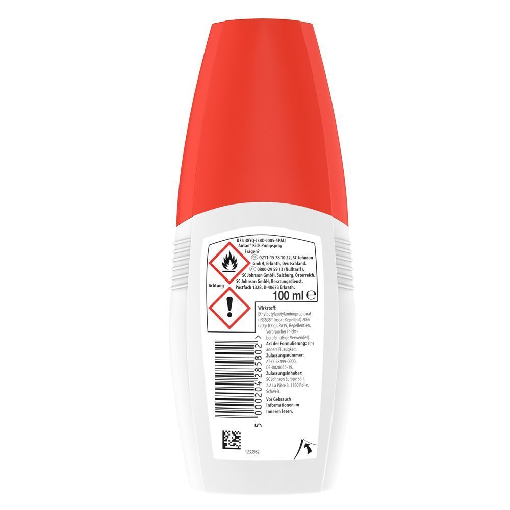 Rückseite einer weißen Flasche Autan Kids Insektenschutz Pumpspray. Roter Deckel. Warnhinweise und Barcode.