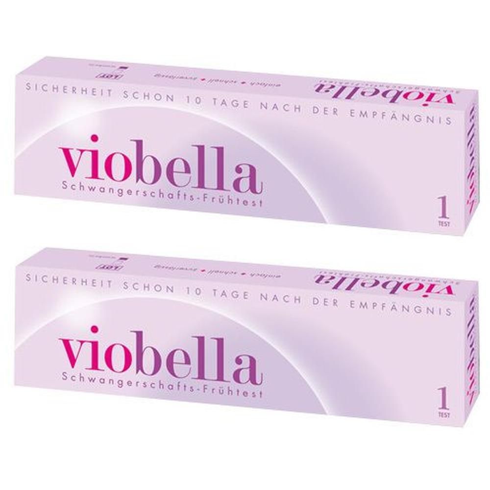 Zwei Packungen Viobella Schwangerschafts-Frühtest. Hellviolette Schachteln mit Schriftzug und der Zahl 1. Text: Sicherheit schon 10 Tage nach der Empfängnis.