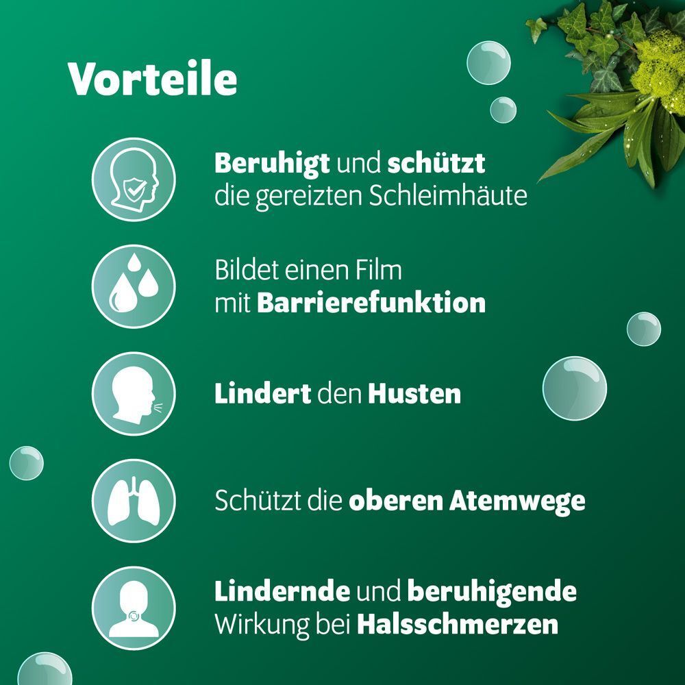 Vorteile von Fortolino Hustensirup: Beruhigt Schleimhäute, bildet Schutzfilm, lindert Husten, schützt Atemwege.