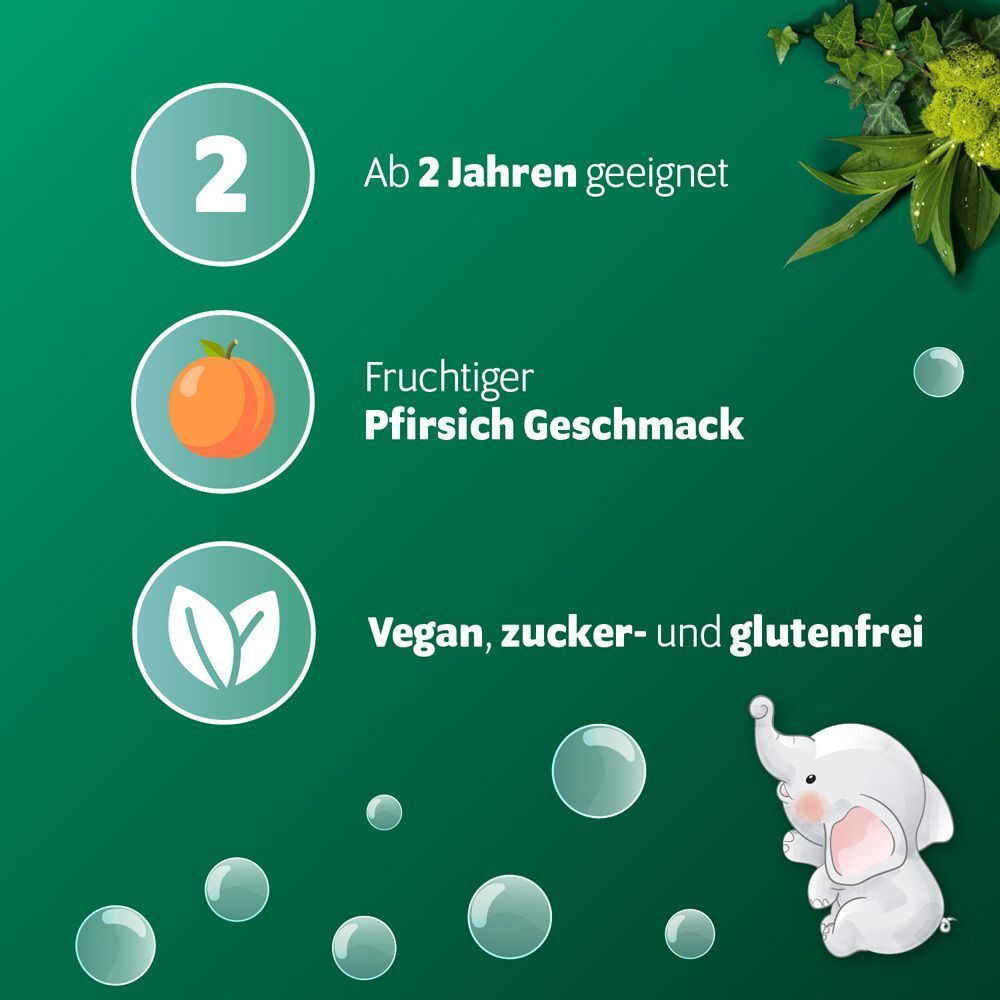 Fortolino Hustensirup: ab 2 Jahren, fruchtiger Pfirsichgeschmack, vegan, zucker- und glutenfrei.