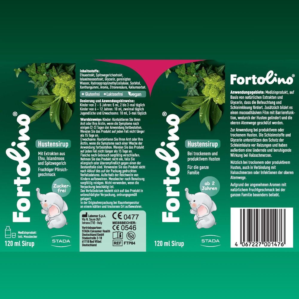 Rückseite Fortolino Hustensirup Packung: Inhaltsstoffe, Anwendung, Dosierung, Hersteller STADA, CE 0477.